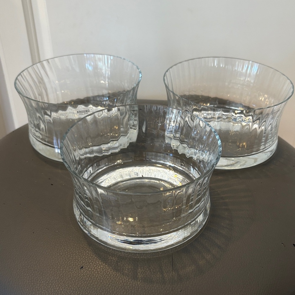 Set of Three Classic Krosno Poland Clear Ribbed Crystal Bowls, 5” W x 2.5” D